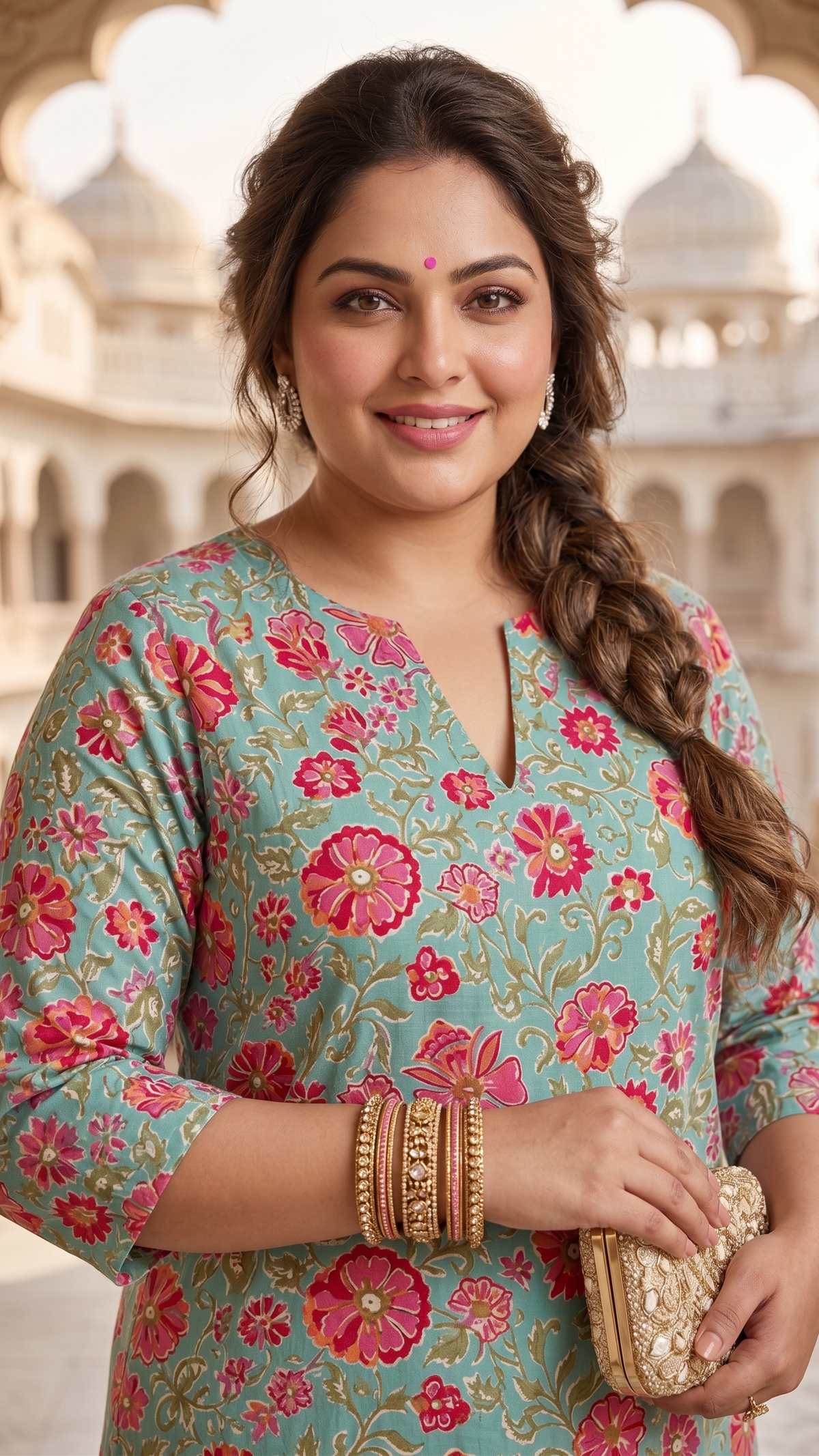 Plus Size Cotton Printed Kurta – Blue Floral Straight Fit Kurta