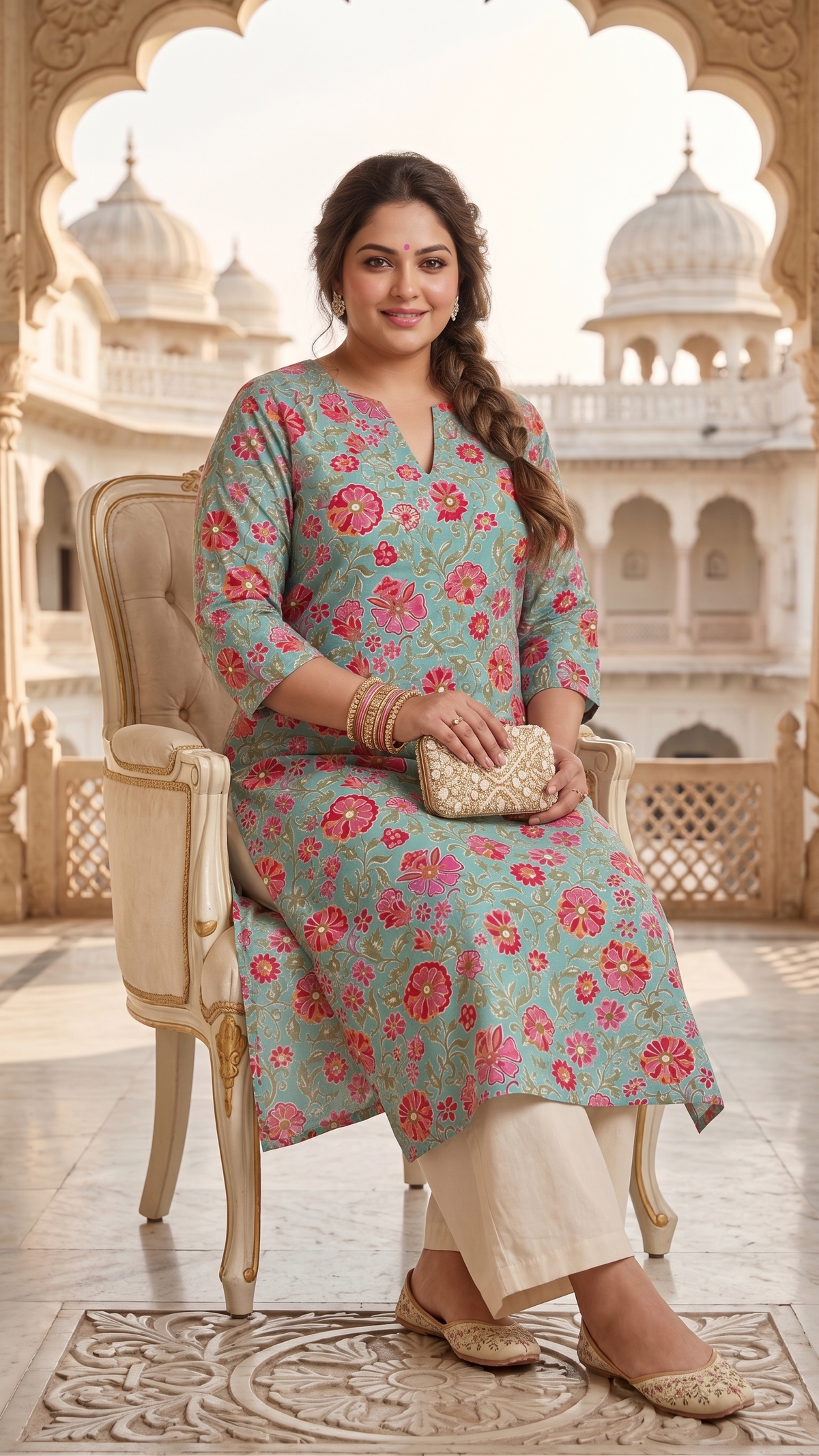 Plus Size 100% Cotton Printed Kurta – Blue Floral Straight Fit Kurta