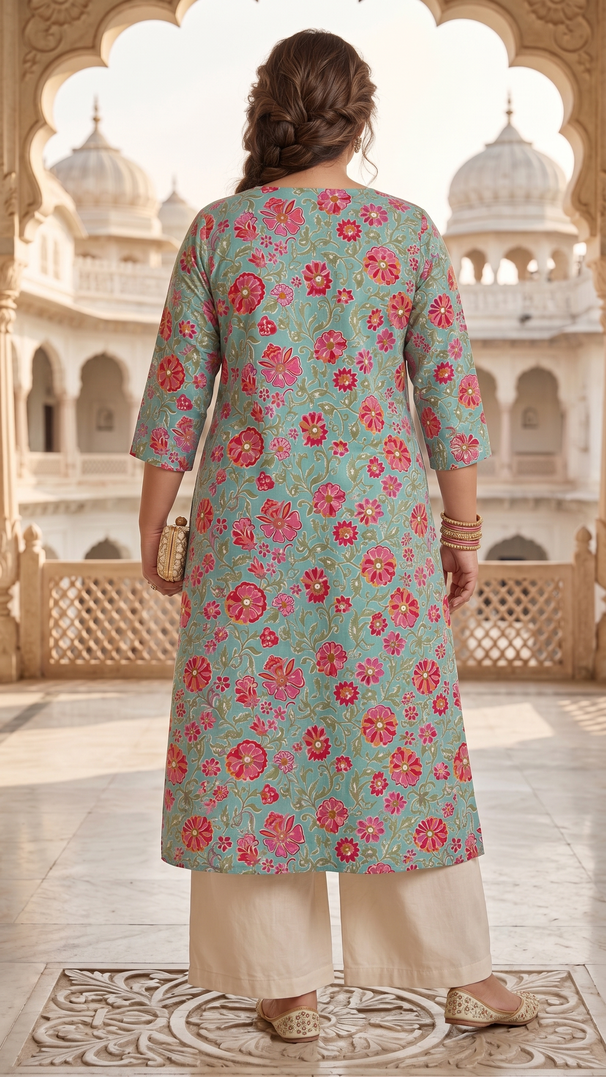 Plus Size 100% Cotton Printed Kurta – Blue Floral Straight Fit Kurta