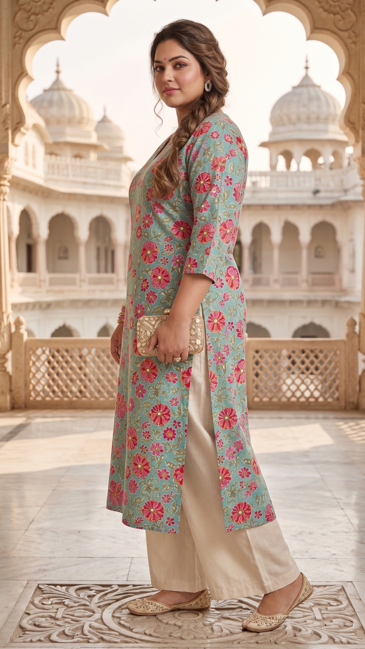 Plus Size 100% Cotton Printed Kurta – Blue Floral Straight Fit Kurta