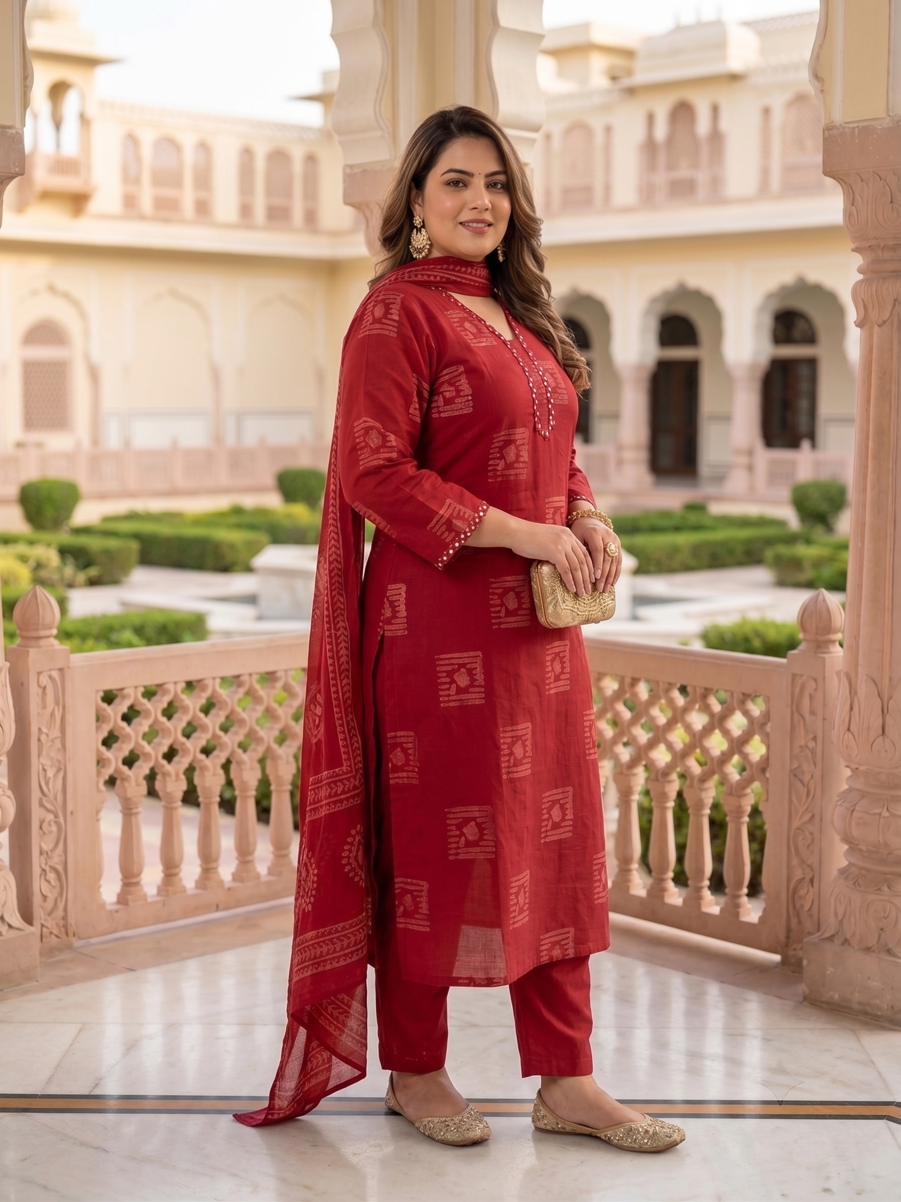 Plus Size Red Printed Cotton Kurta Set with Dupatta