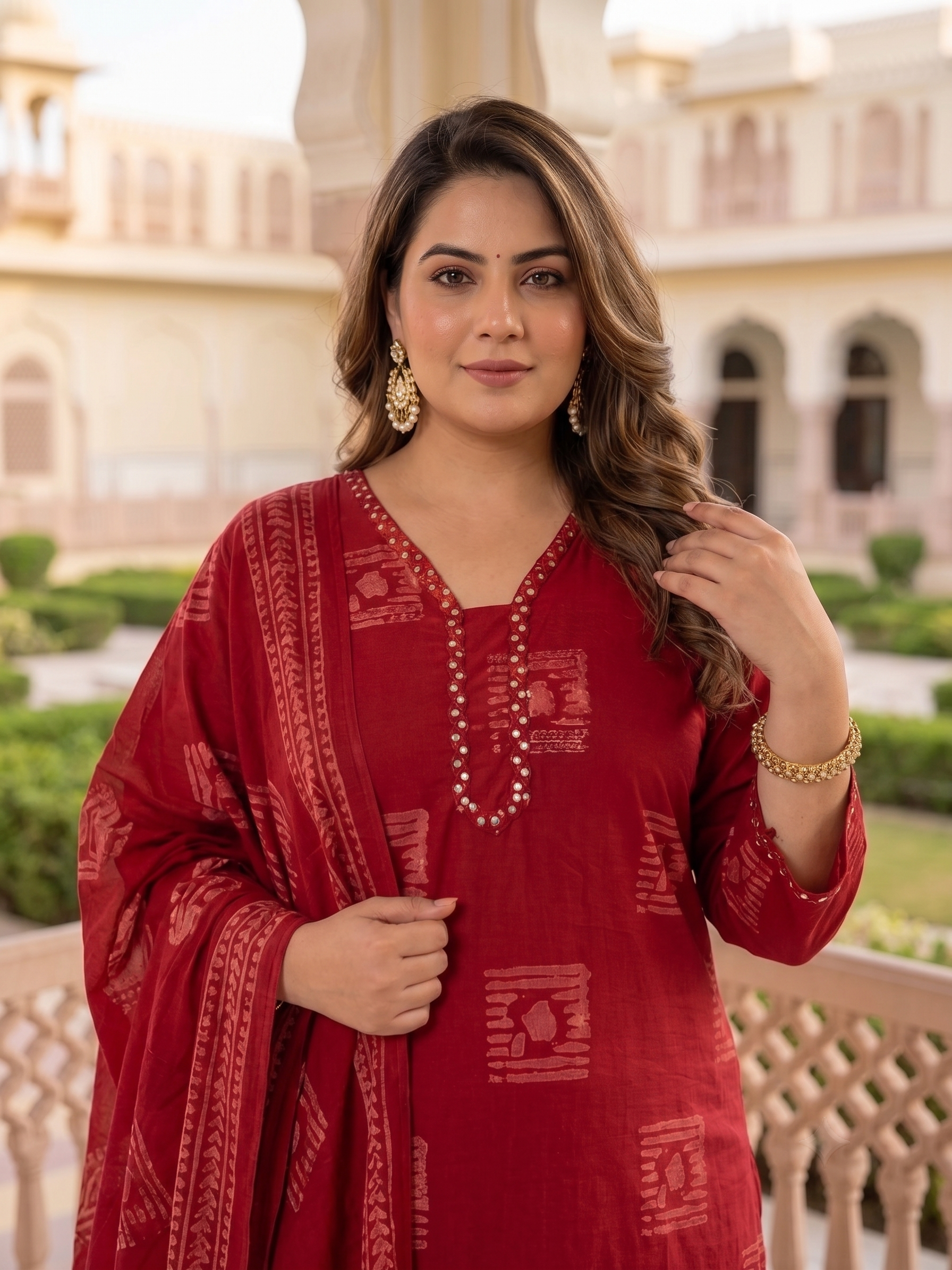 Plus Size Red Printed Cotton Kurta Set with Dupatta