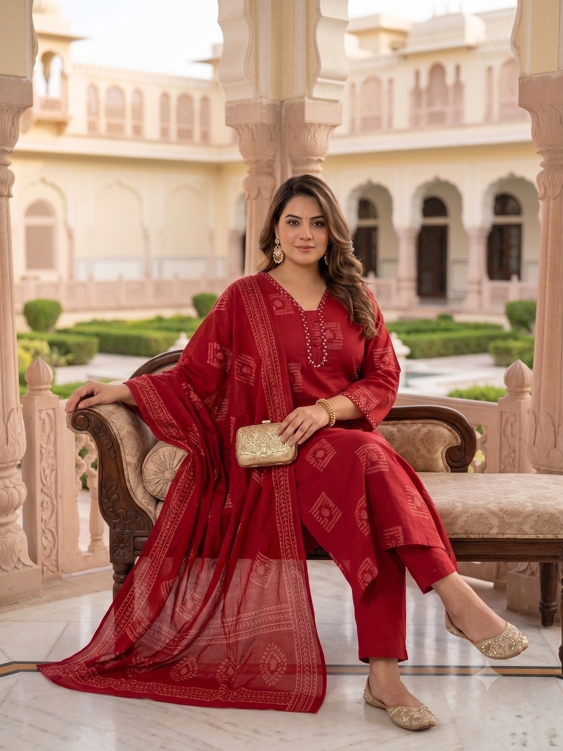 Plus Size Red Printed Cotton Kurta Set with Dupatta