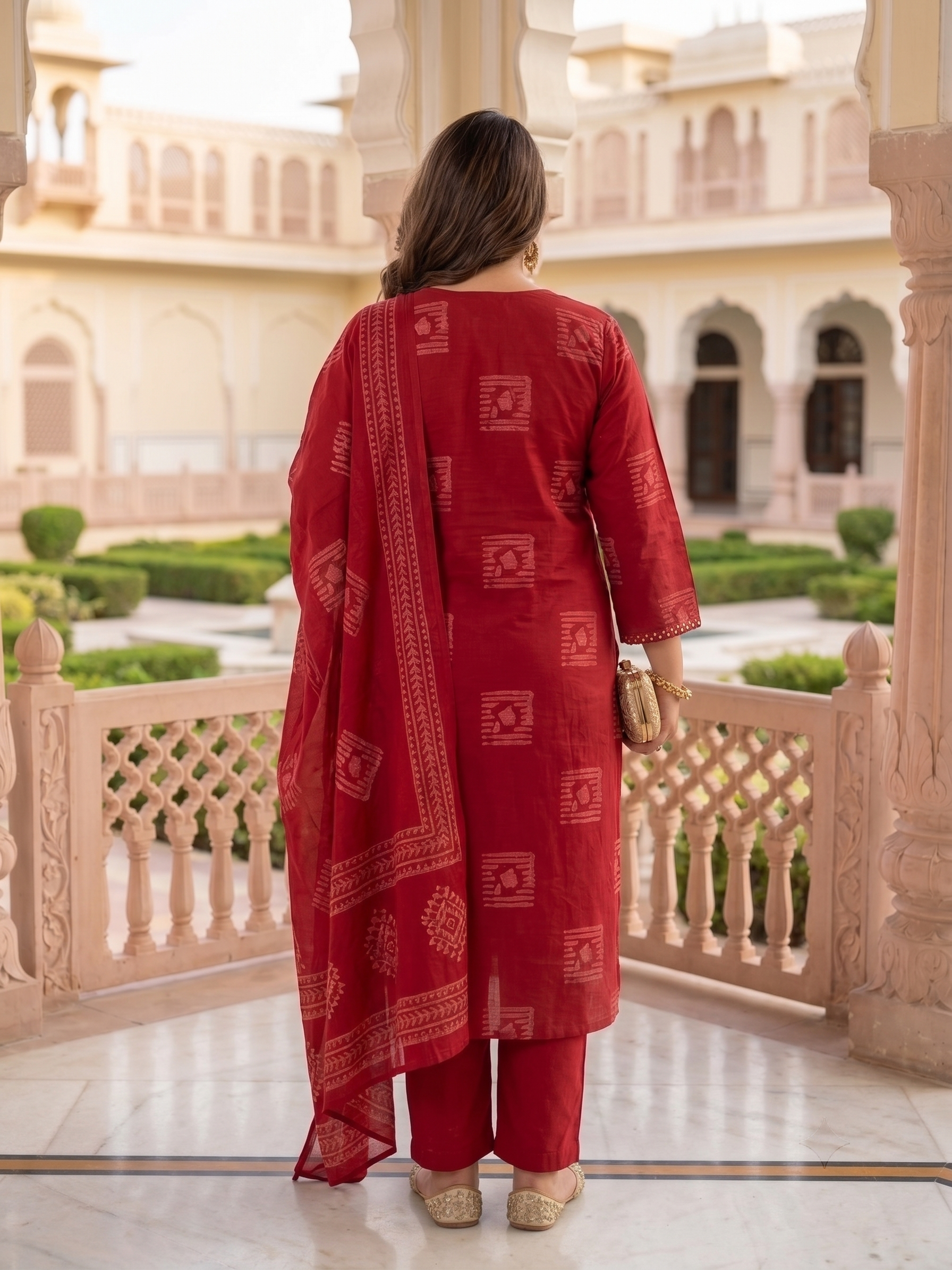 Plus Size Red Printed Cotton Kurta Set with Dupatta