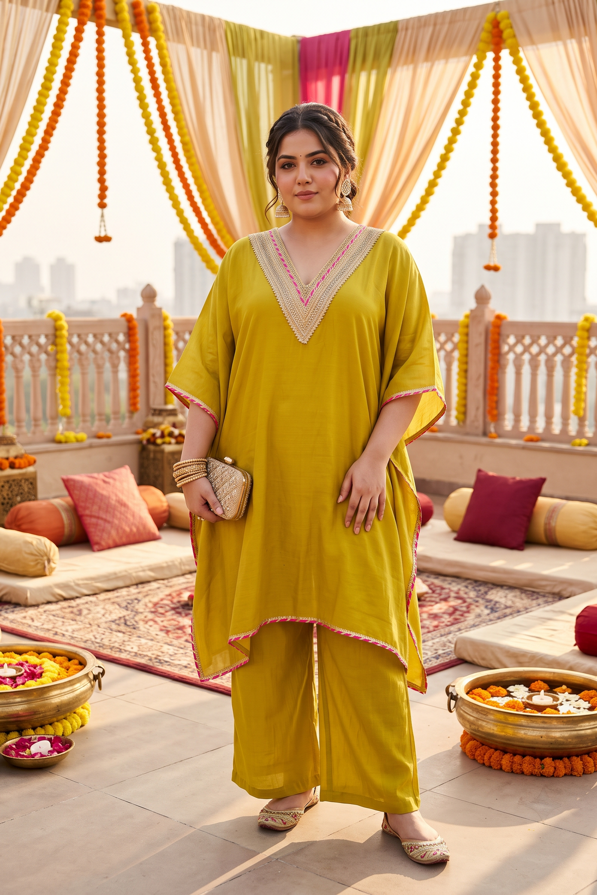 Plus Size Mustard Silk Kurta Set with Embroidered Neckline(set of 3)