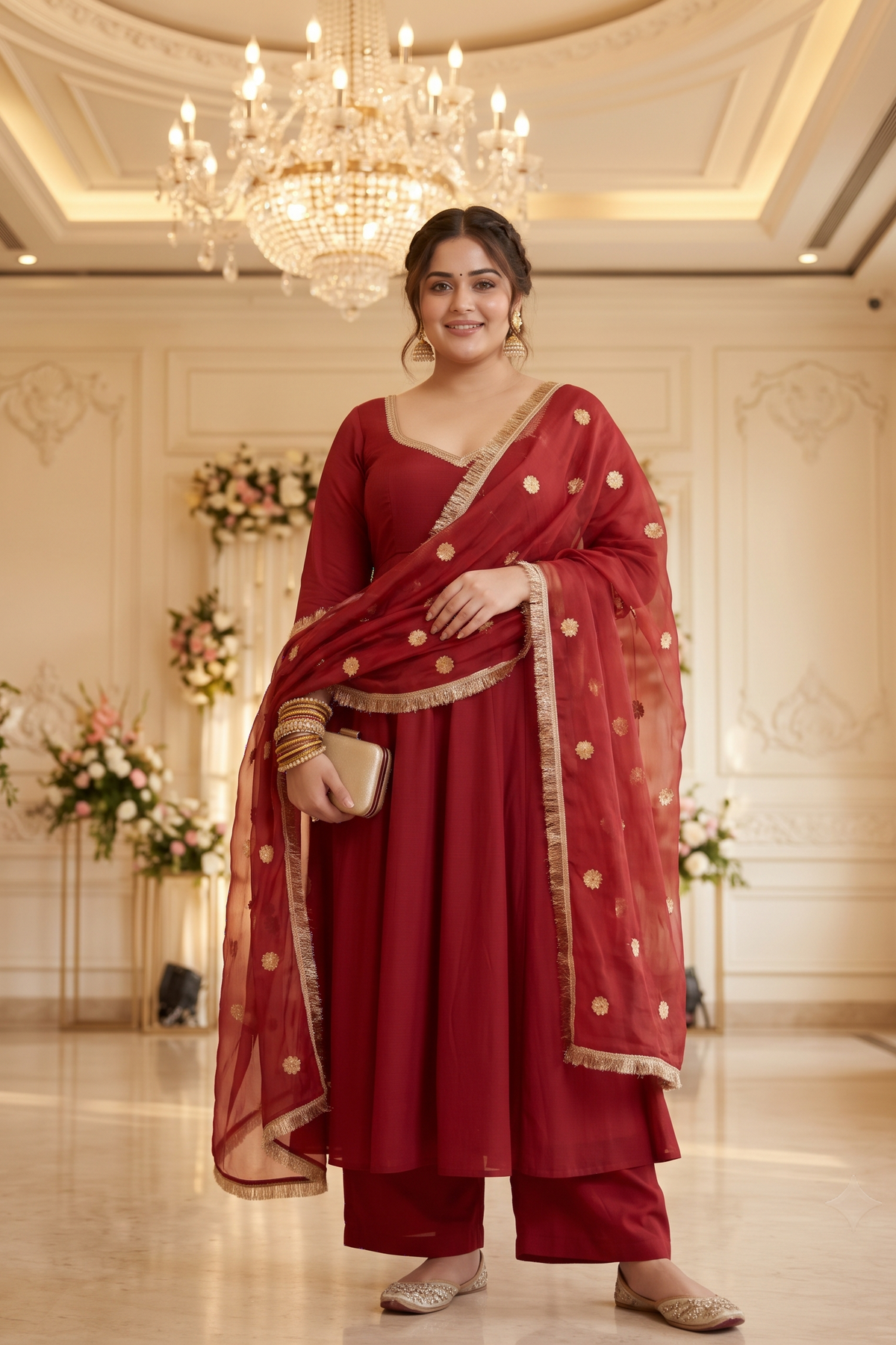 Plus Size Maroon Cotton Anarkali Kurta Suit Set with Gotta Patti(set of 3)