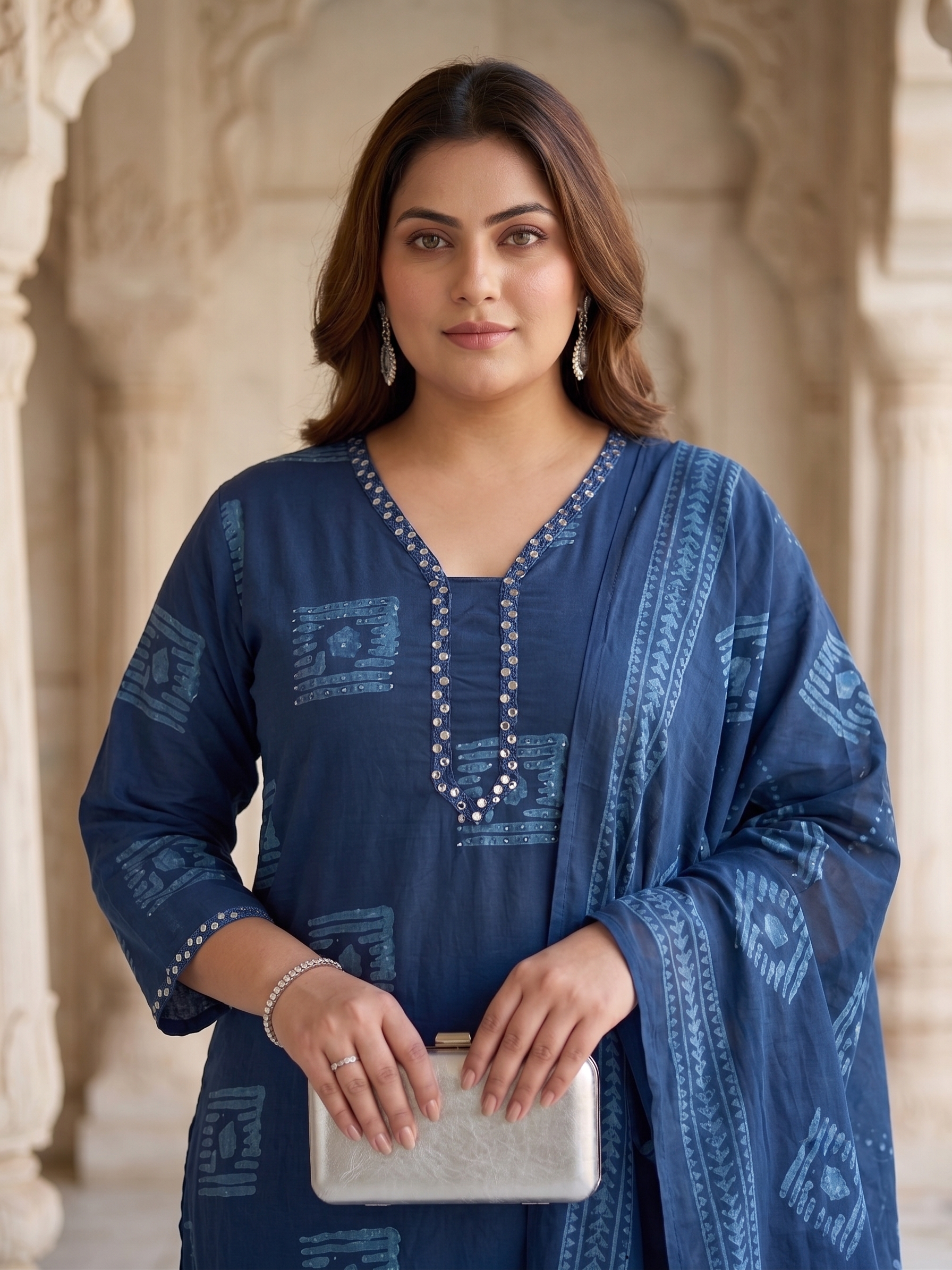Plus Size Blue Printed Cotton Kurta Set with Dupatta