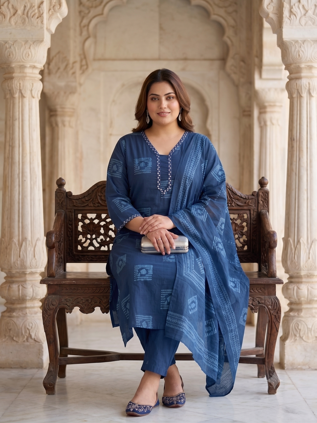 Plus Size Blue Printed Cotton Kurta Set with Dupatta