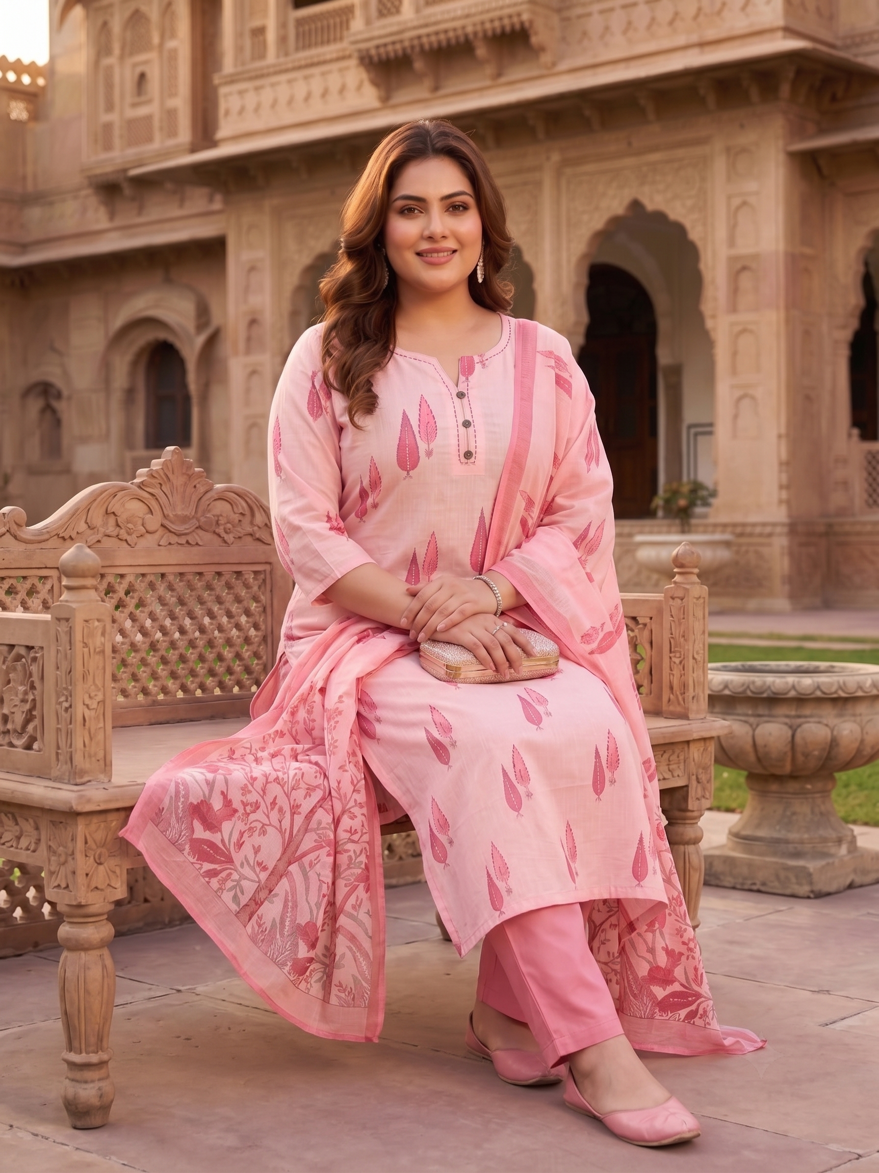 Plus Size Pink Cotton Printed Kurta Set with Dupatta