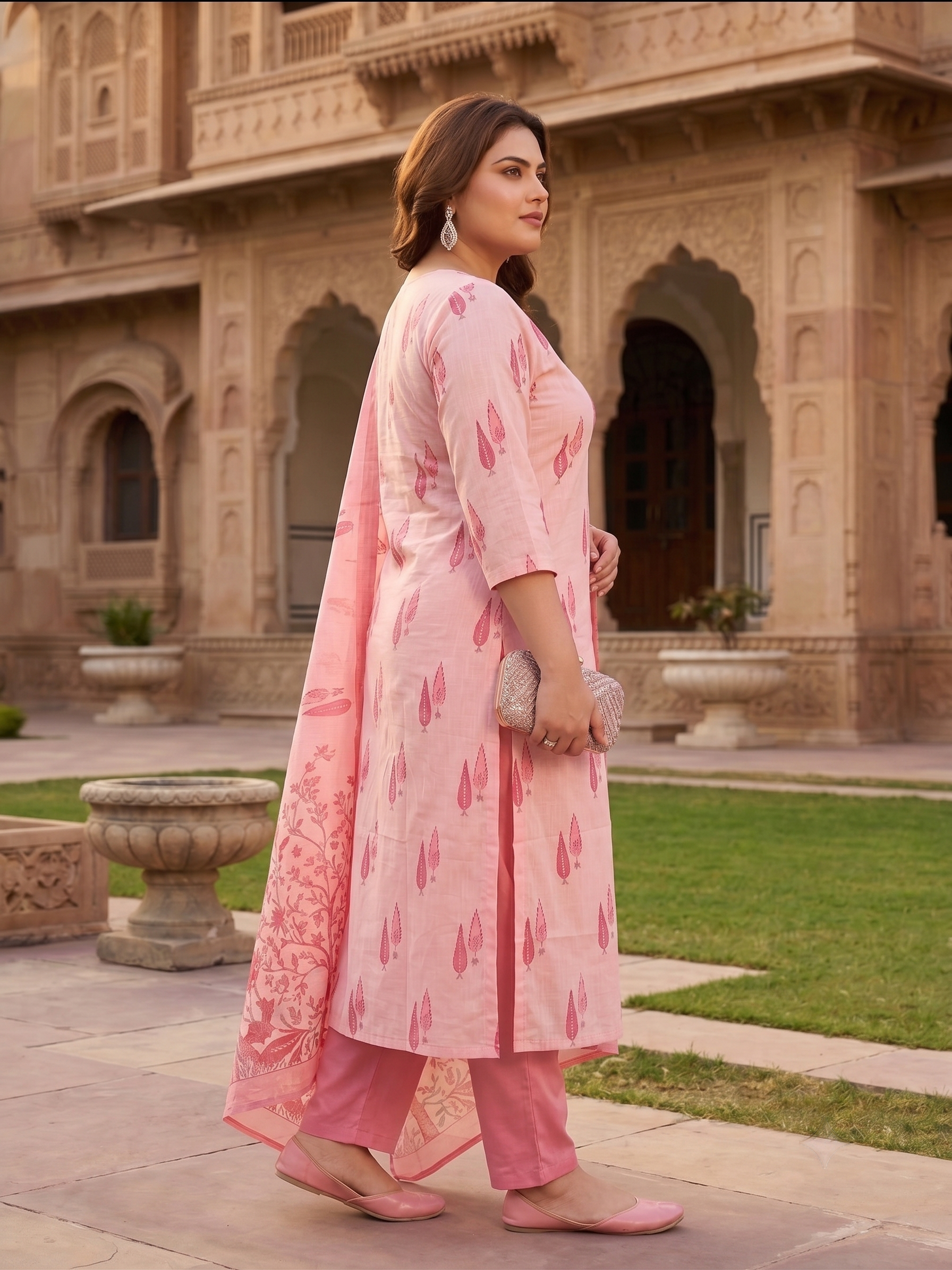 Plus Size Pink Cotton Printed Kurta Set with Dupatta