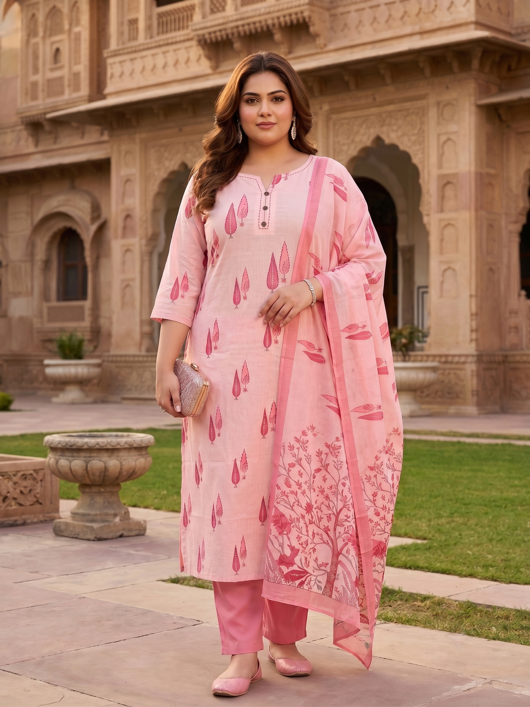 Plus Size Pink Cotton Printed Kurta Set with Dupatta