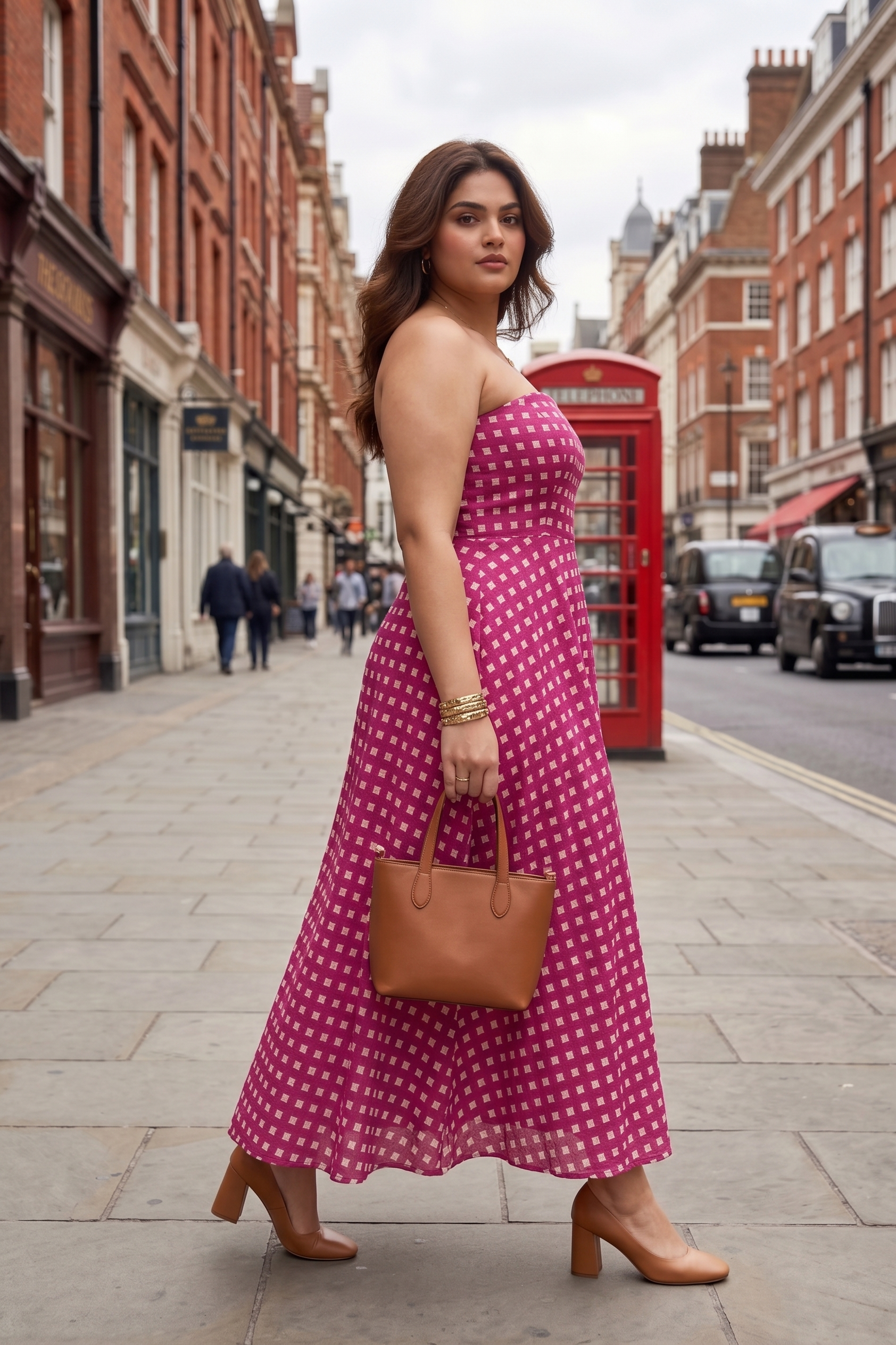 Plus Size Pink Checked Off-Shoulder Dress – Elegant Flared Midi Dress for Women