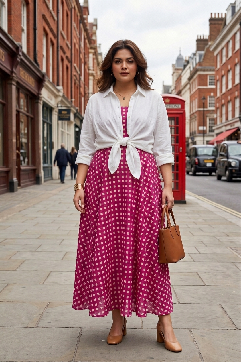 Plus Size Pink Checked Off-Shoulder Dress – Elegant Flared Midi Dress for Women