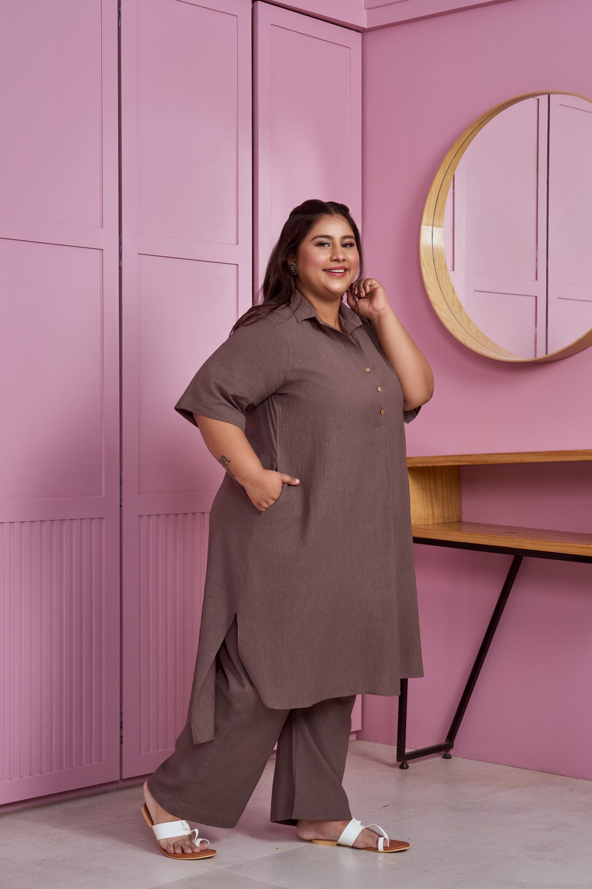 Taupe Hi-Lo Linen Co-ord Set