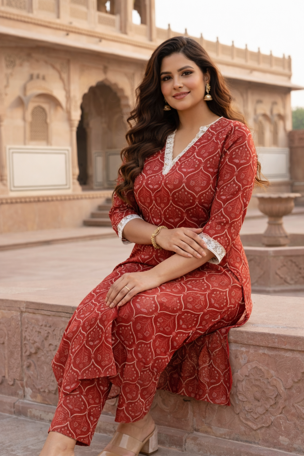 Rust Red Handblock Cotton Co-ord Set