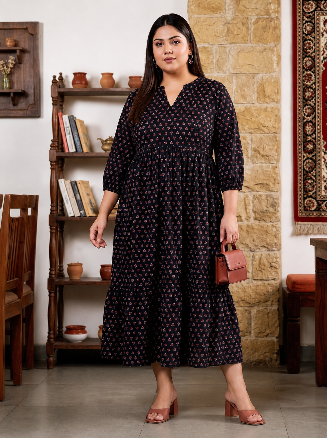 Black Floral Booti Print Cotton Cambric Maxi Dress