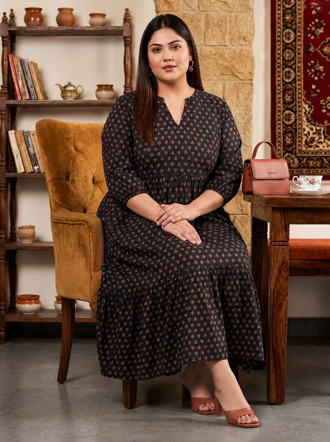 Black Floral Booti Print Cotton Cambric Maxi Dress