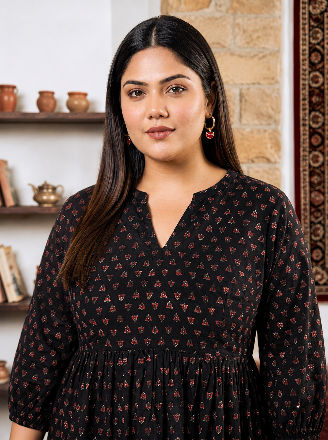 Black Floral Booti Print Cotton Cambric Maxi Dress