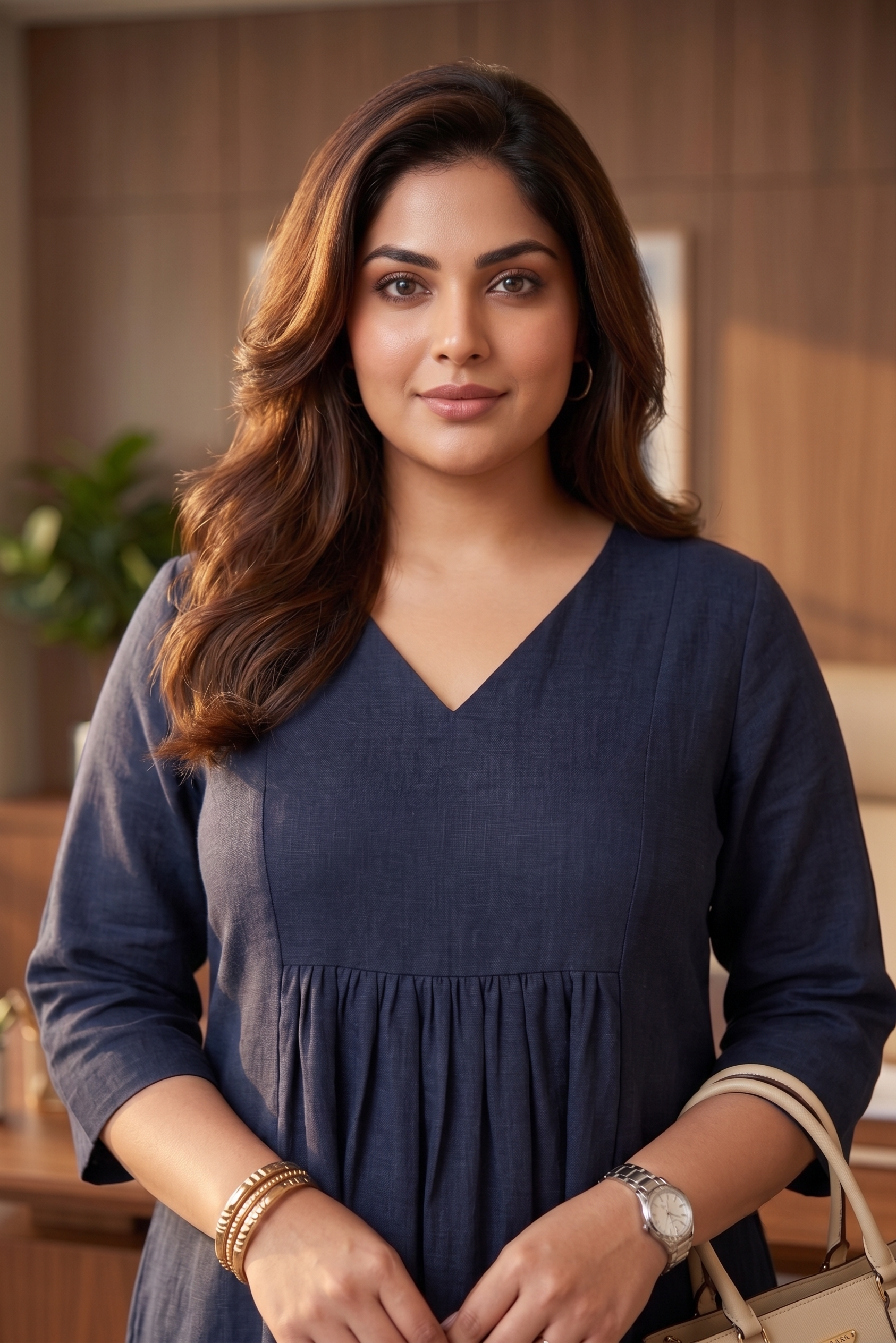 Navy Blue V-Neck Linen Midi Dress with Gathered Waist