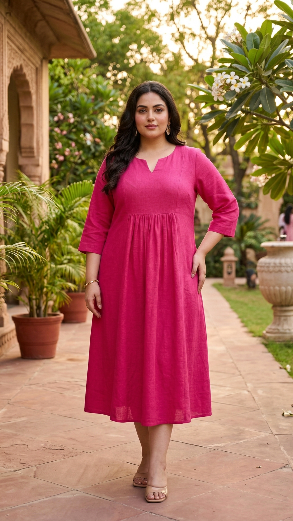 Plus Size Solid Pink Linen Dress – Minimal Everyday Comfort Fit