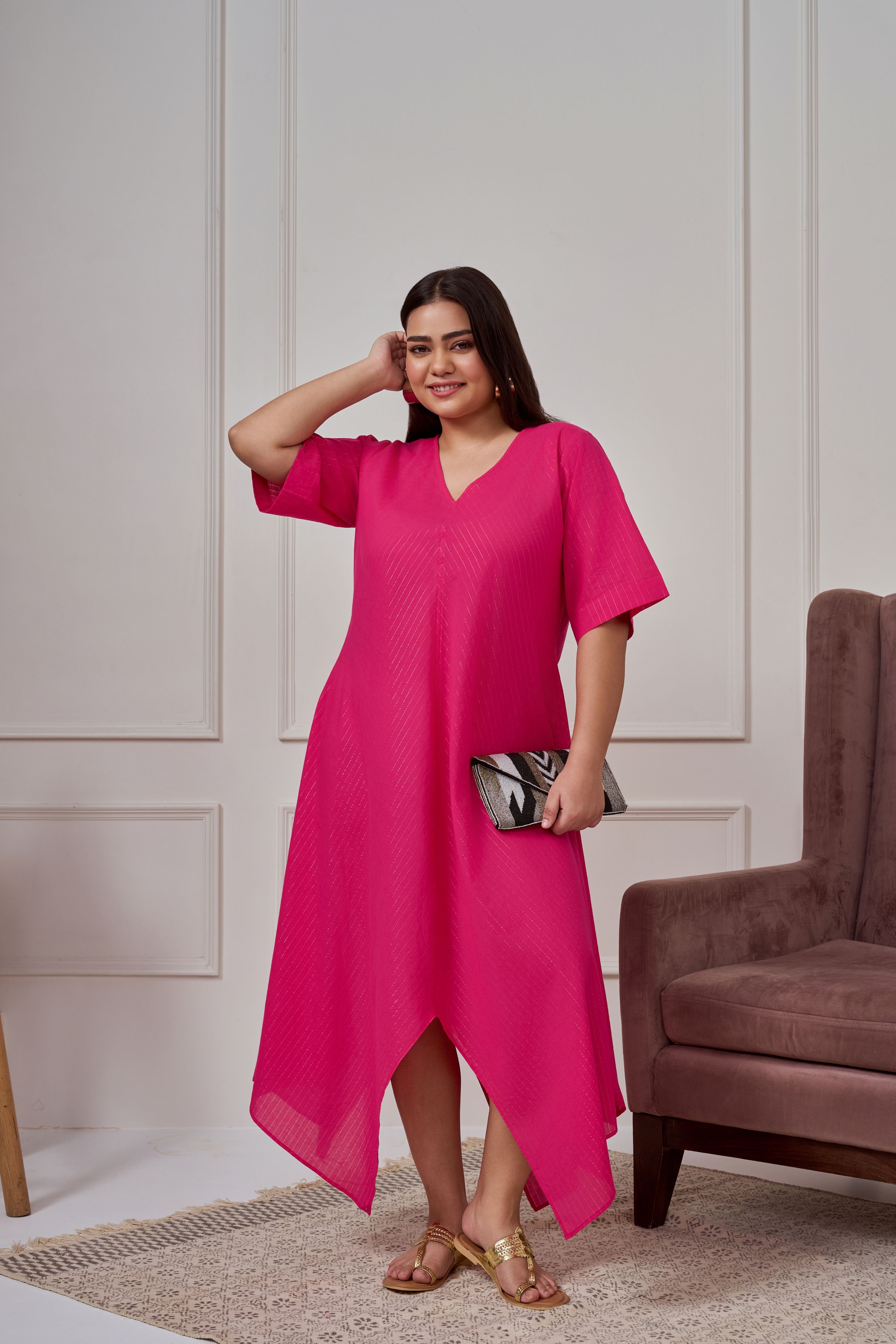 Pink Lurex Dress  Handkerchief Hem With Slip