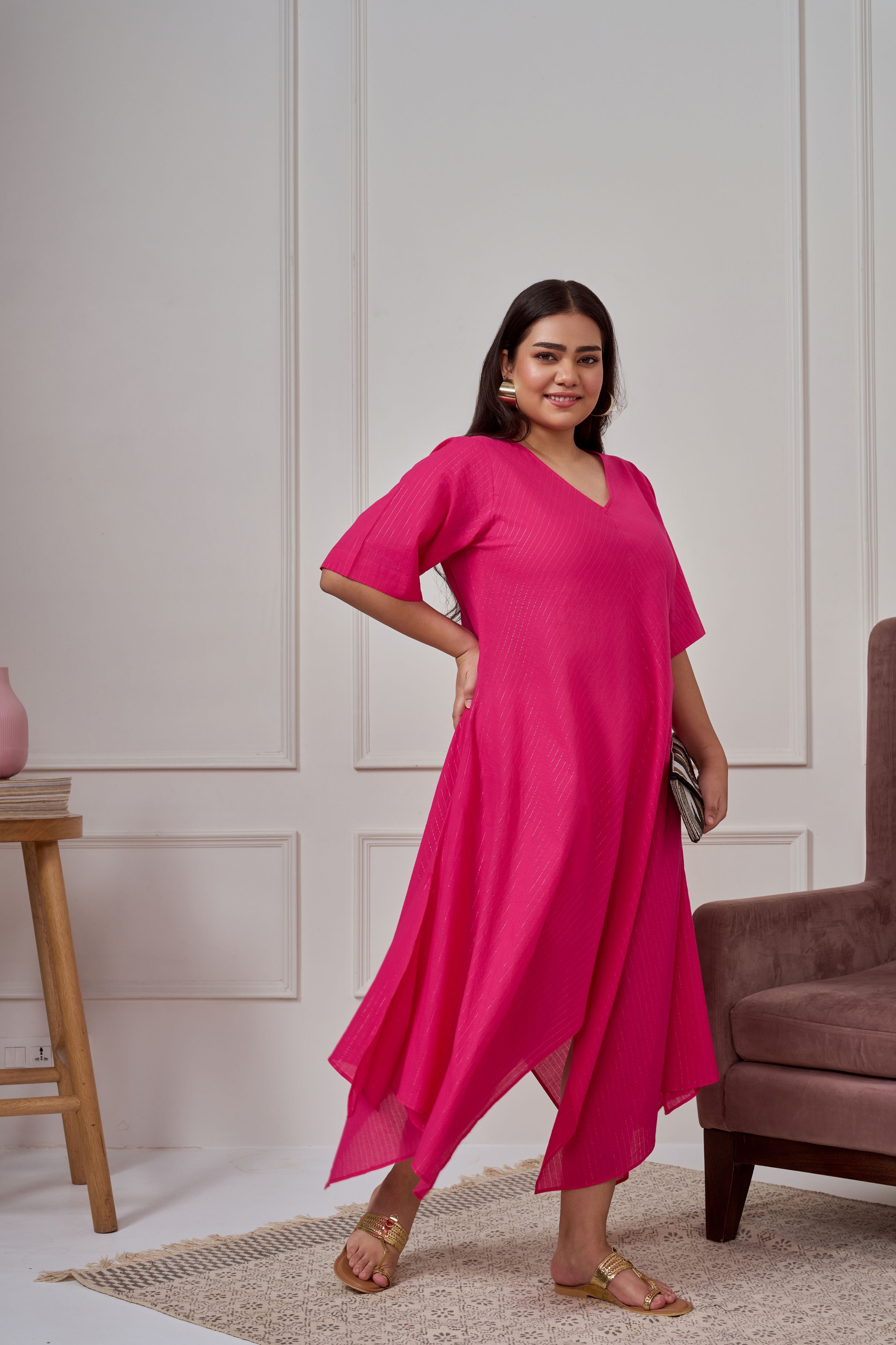 Pink Lurex Dress  Handkerchief Hem With Slip