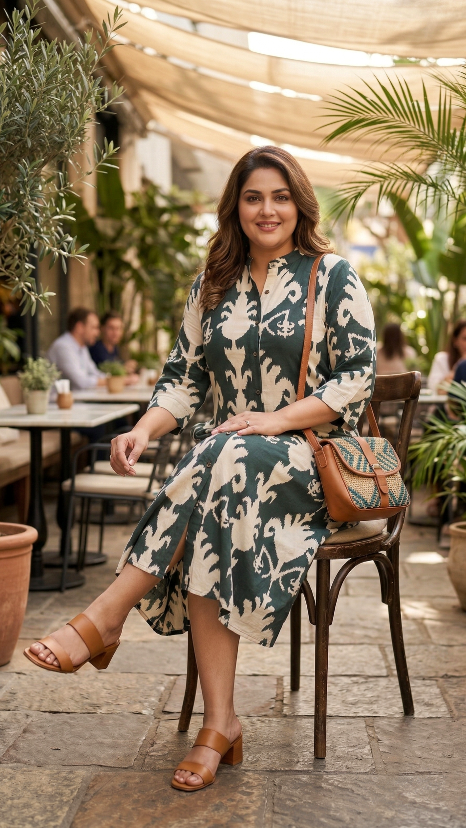 Plus Size Dark Green Printed Cotton Shirt Dress – Casual Ikat Print