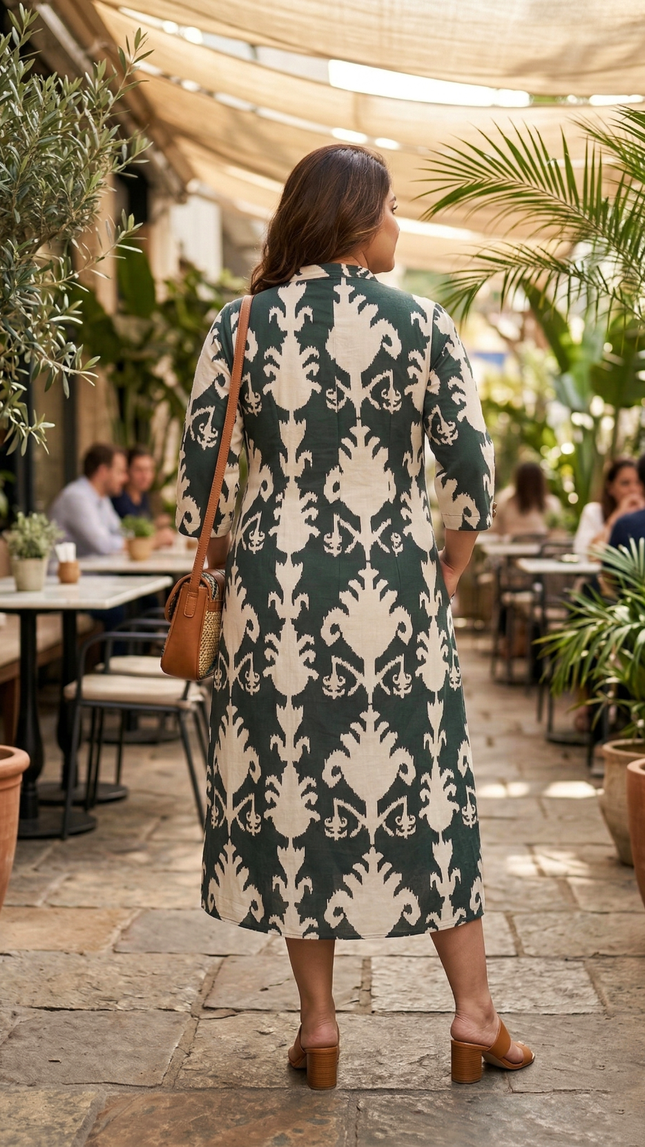 Plus Size Dark Green Printed Cotton Shirt Dress – Casual Ikat Print