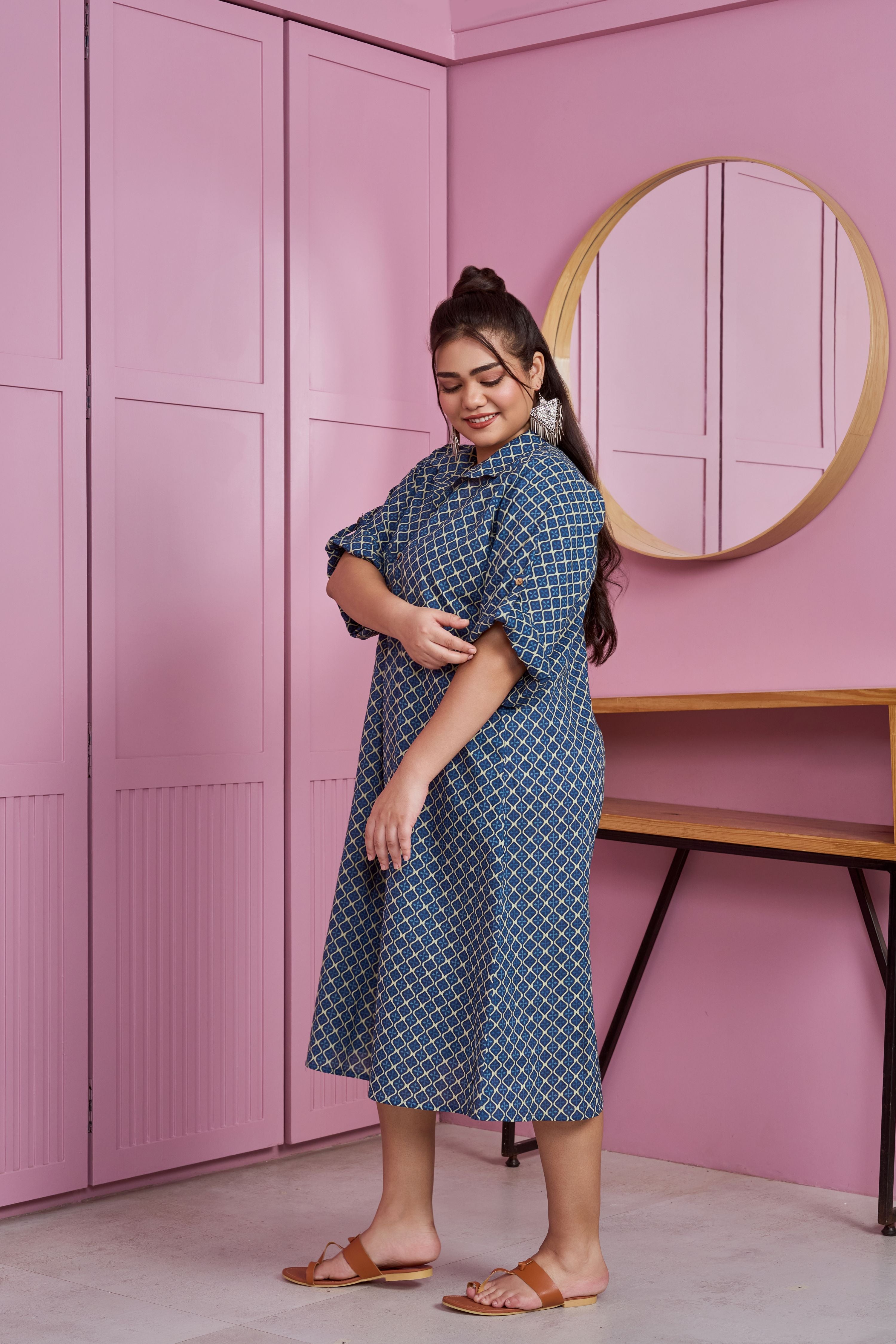 Dark Blue Printed Cotton Shirt Dress