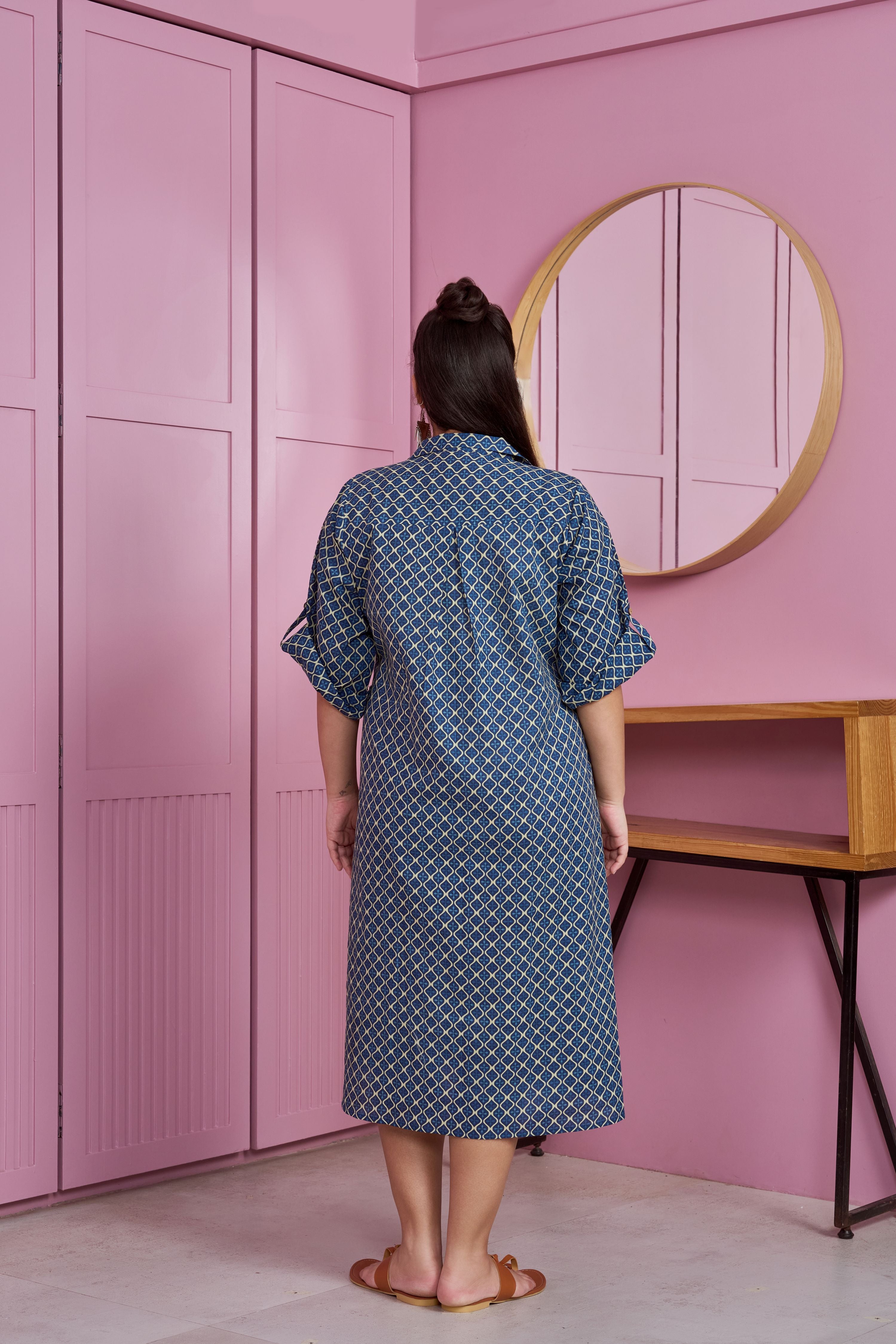 Dark Blue Printed Cotton Shirt Dress