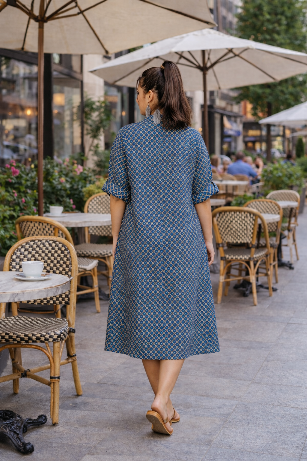 Dark Blue Printed Cotton Shirt Dress
