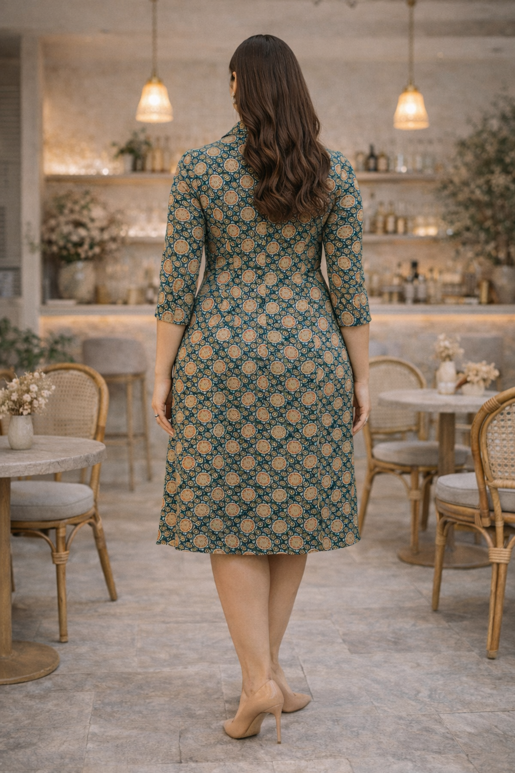 Teal Blue Ajrakh Print Kantha Cotton Short Shirt Dress