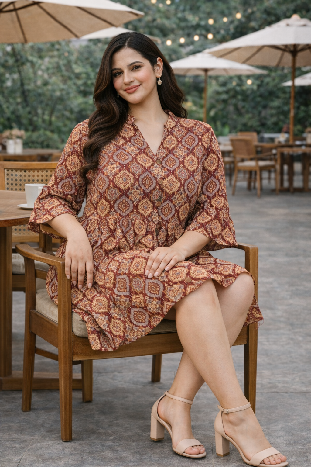 Brown and Maroon Ajrakh Print Kantha Cotton Pleated Short Dress
