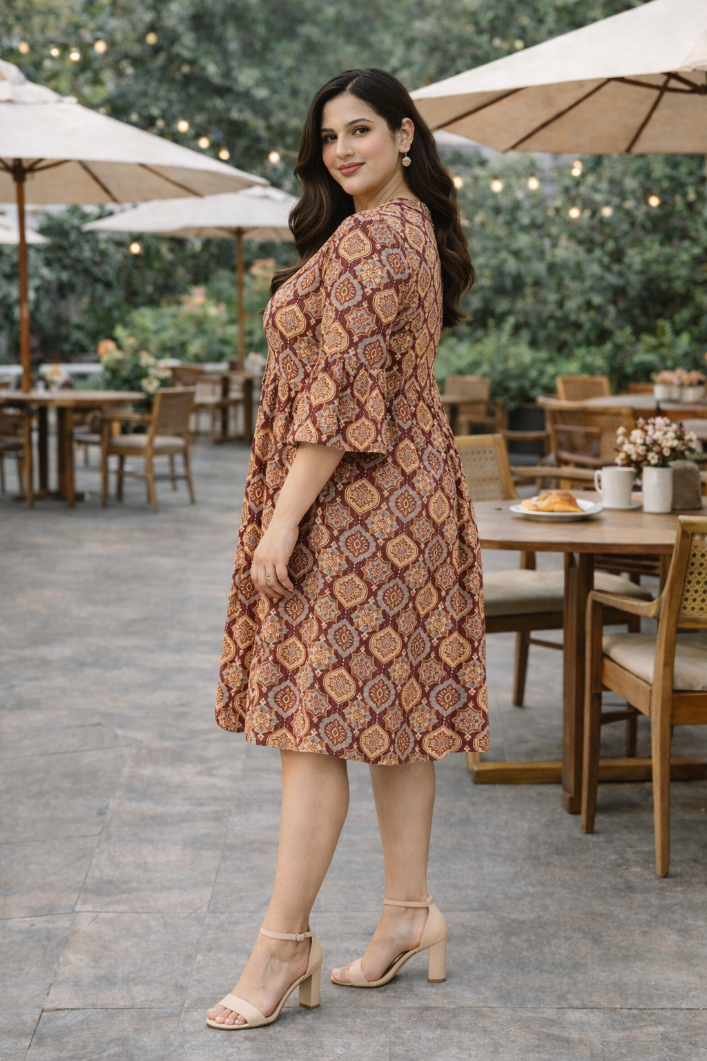 Brown and Maroon Ajrakh Print Kantha Cotton Pleated Short Dress