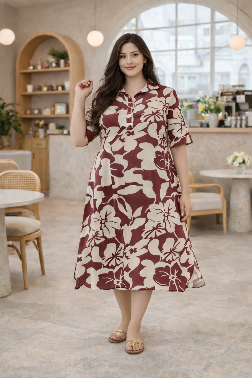 Brown & Beige Floral Print Linen Midi Dress