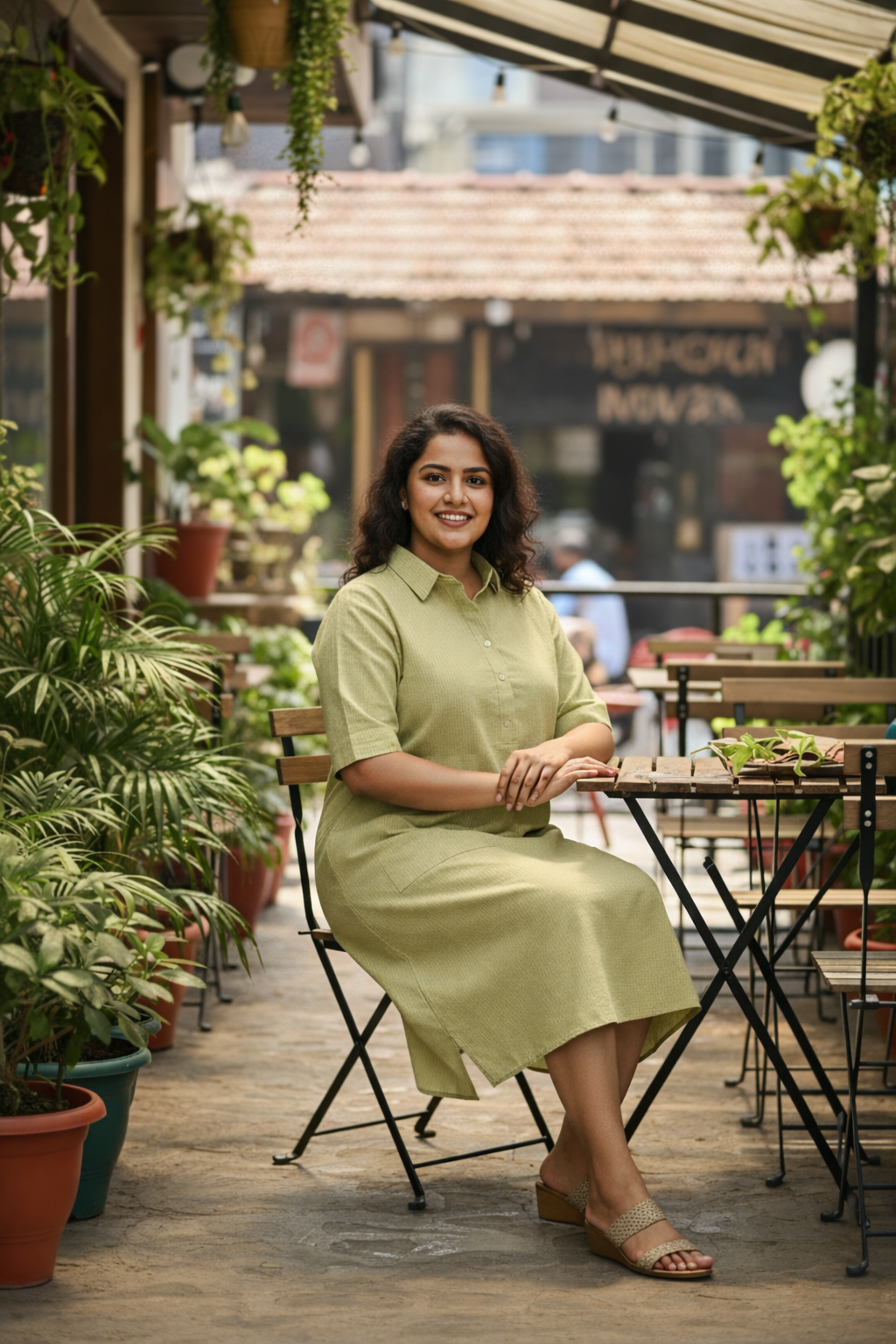 Green Kantha Cambric Cotton Dress with lining