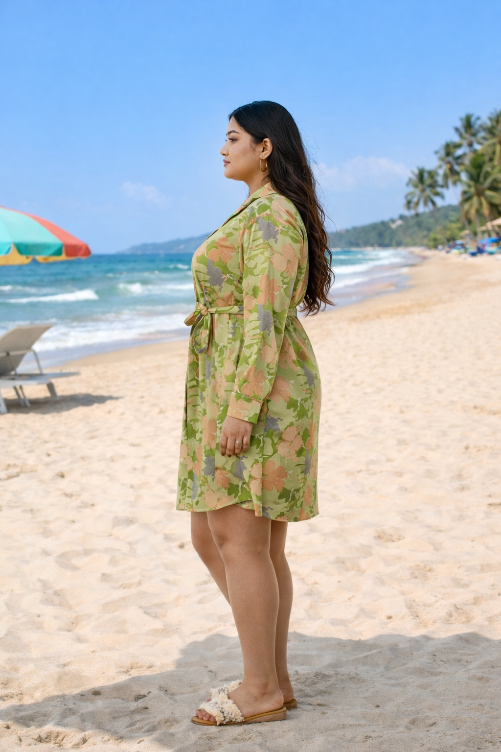 Lime Green Floral Linen Shirt Dress with Belt