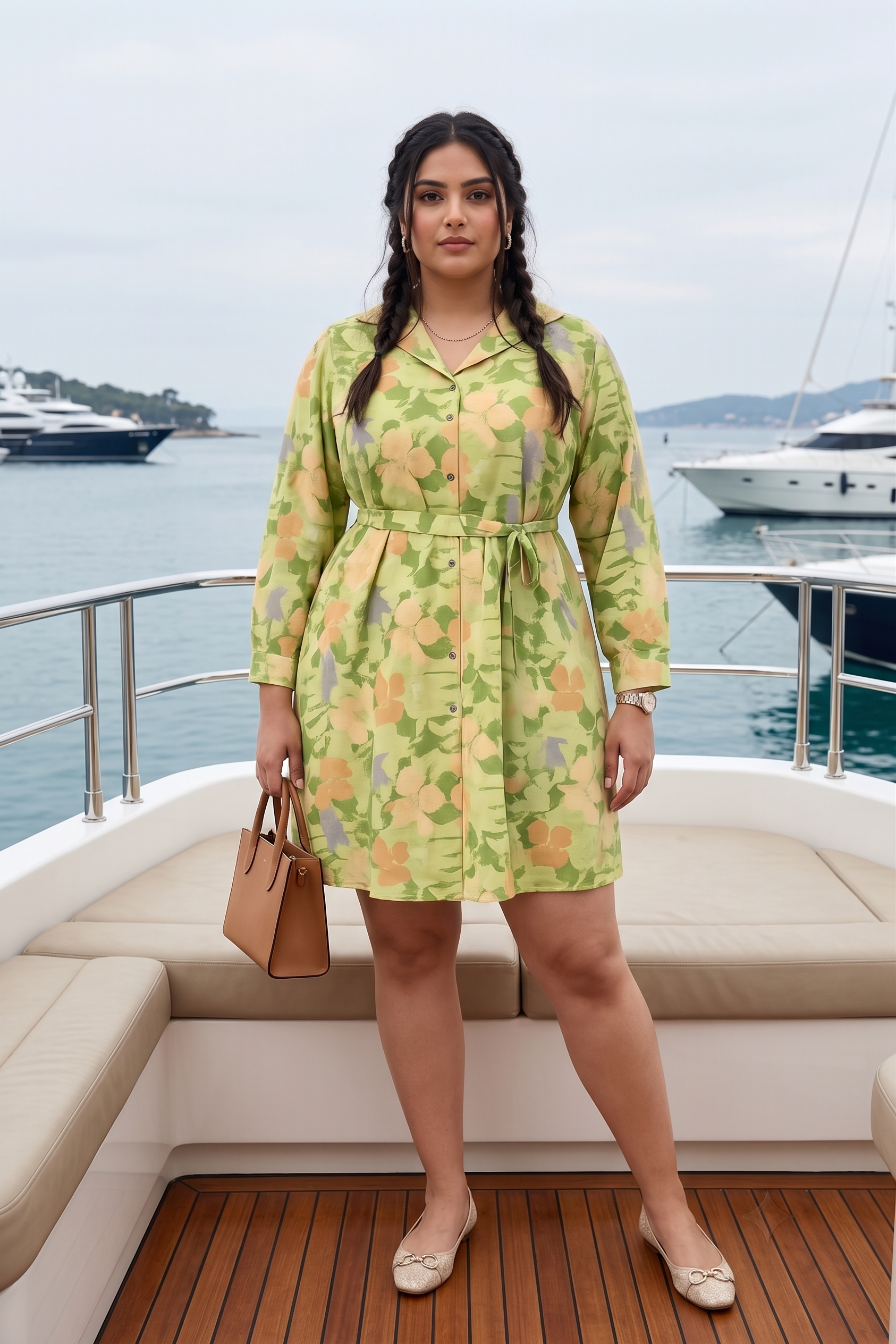 Lime Green Floral Linen Shirt Dress with Belt
