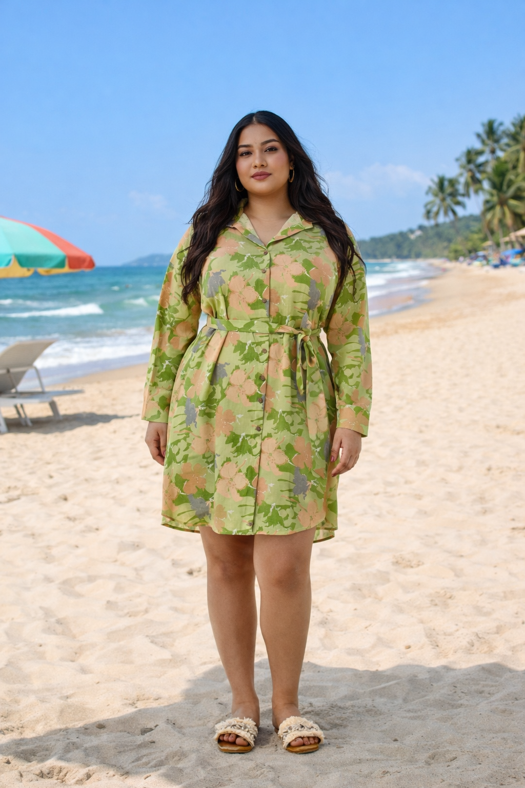 Lime Green Floral Linen Shirt Dress with Belt
