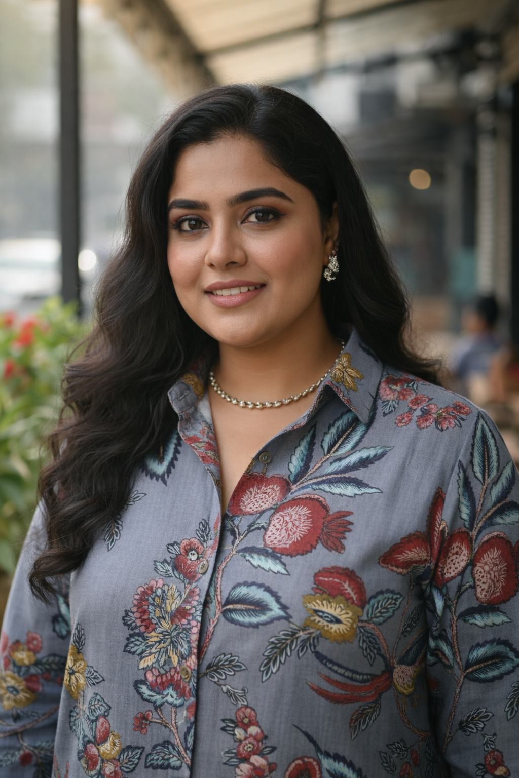 Grey Fruit Print Cotton Shirt Dress