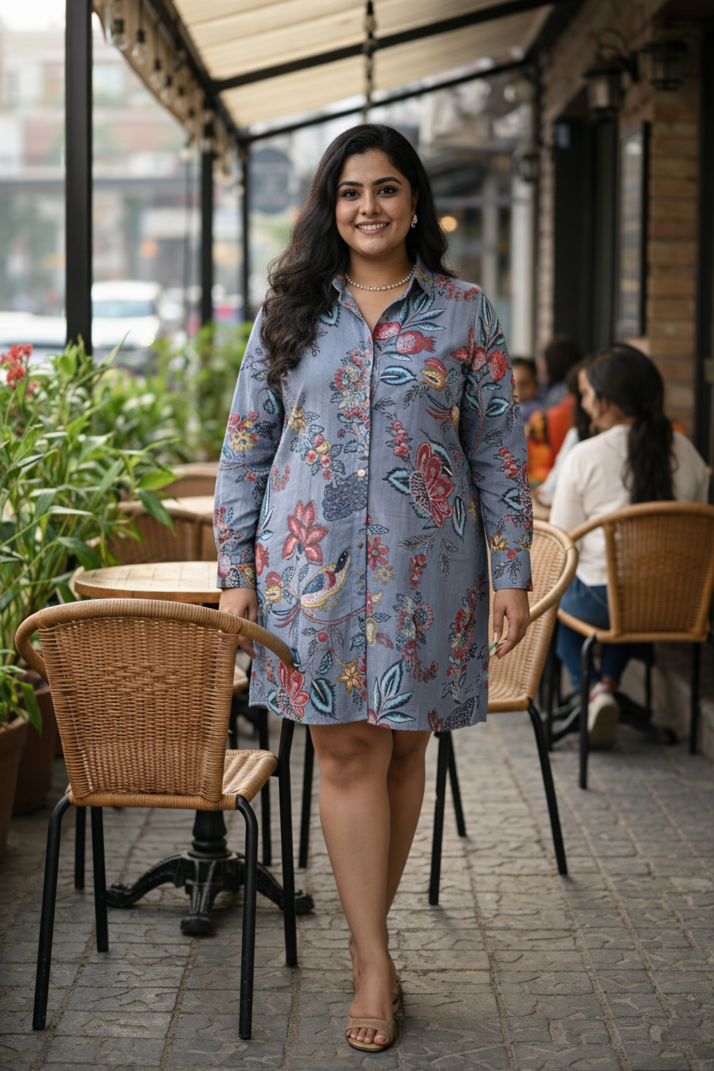 Grey Fruit Print Cotton Shirt Dress