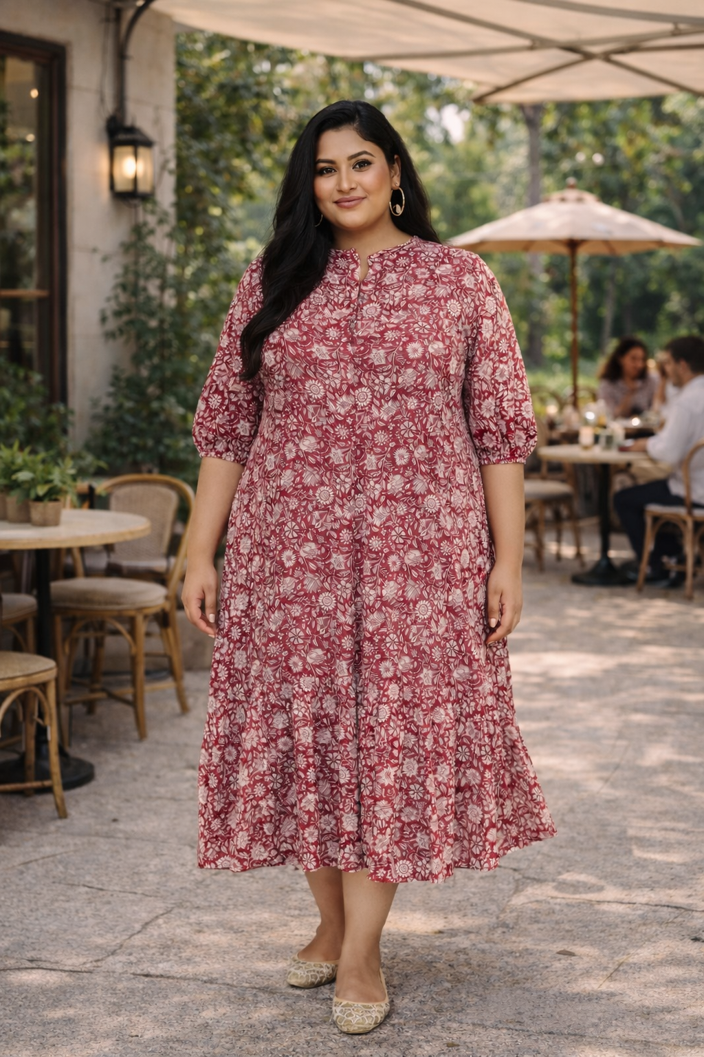 chinese dress ladies Red Floral Print Tiered Cotton Maxi Dress