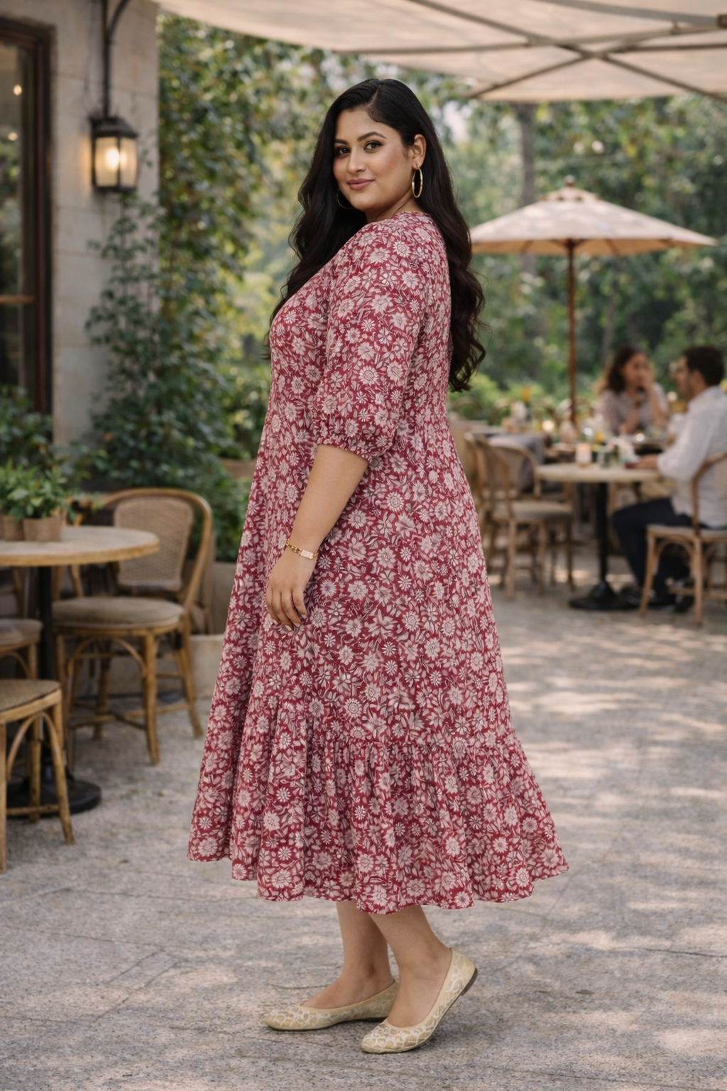 Red Floral Print Tiered Cotton Maxi Dress