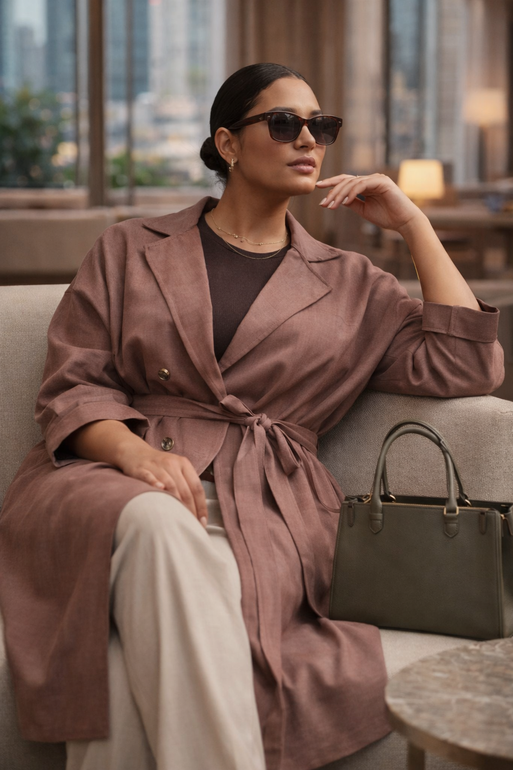 Plus Size Linen Long Trench Coat – Belted Smart Casual Coat