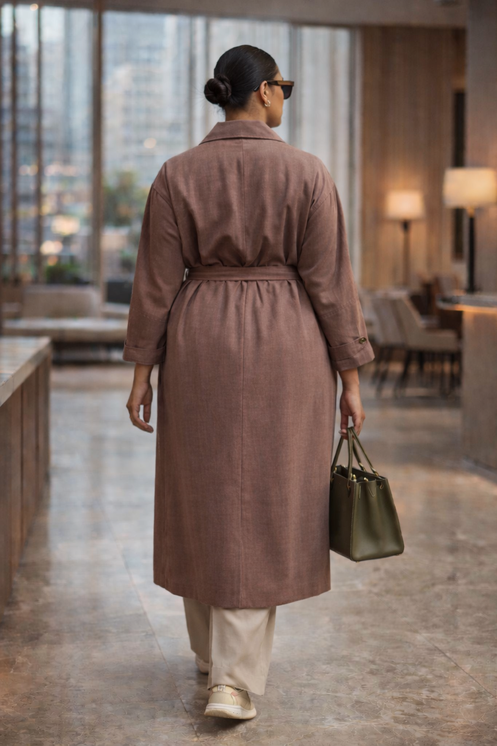 Plus Size Linen Long Trench Coat – Belted Smart Casual Coat