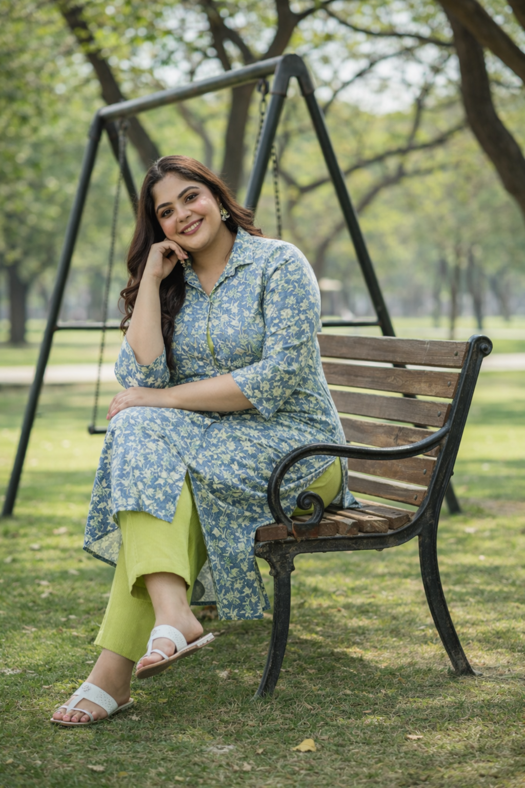 Floral-Printed Teal and Lime Green Kurta Set - (Set of 2)
