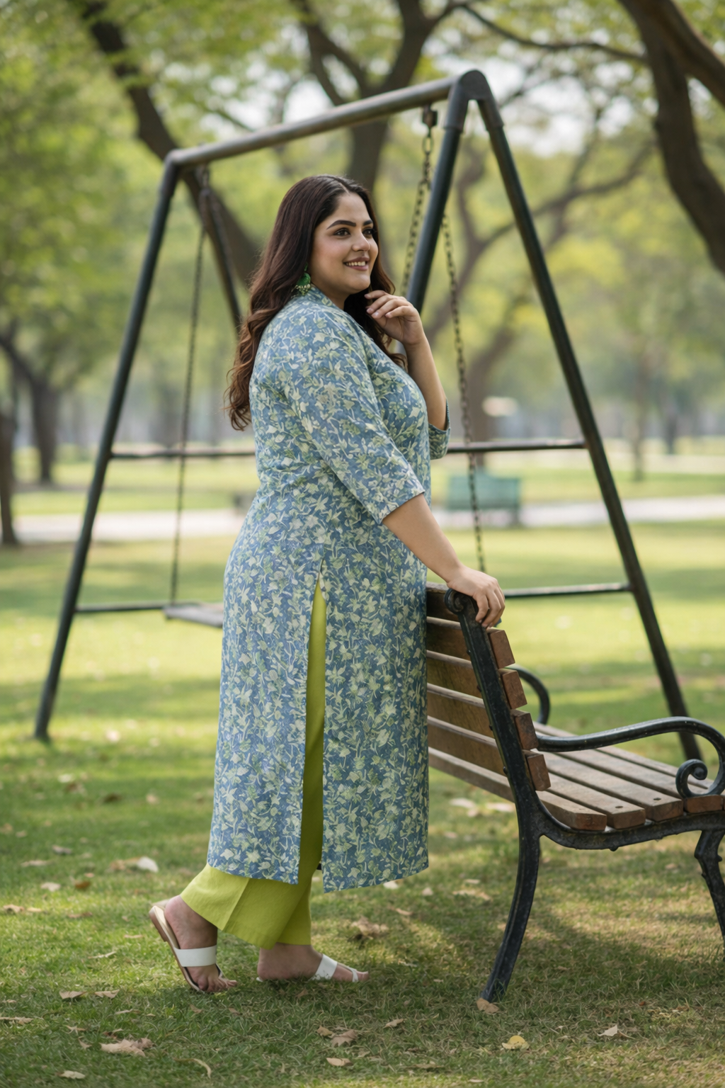Floral-Printed Teal and Lime Green Kurta Set - (Set of 2)