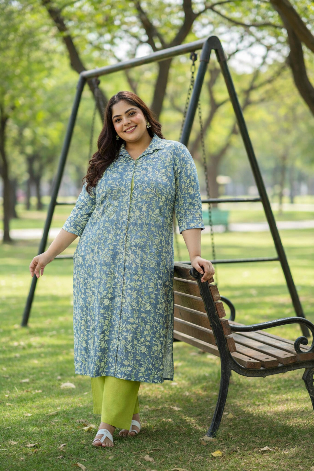 Floral-Printed Teal and Lime Green Kurta Set - (Set of 2)