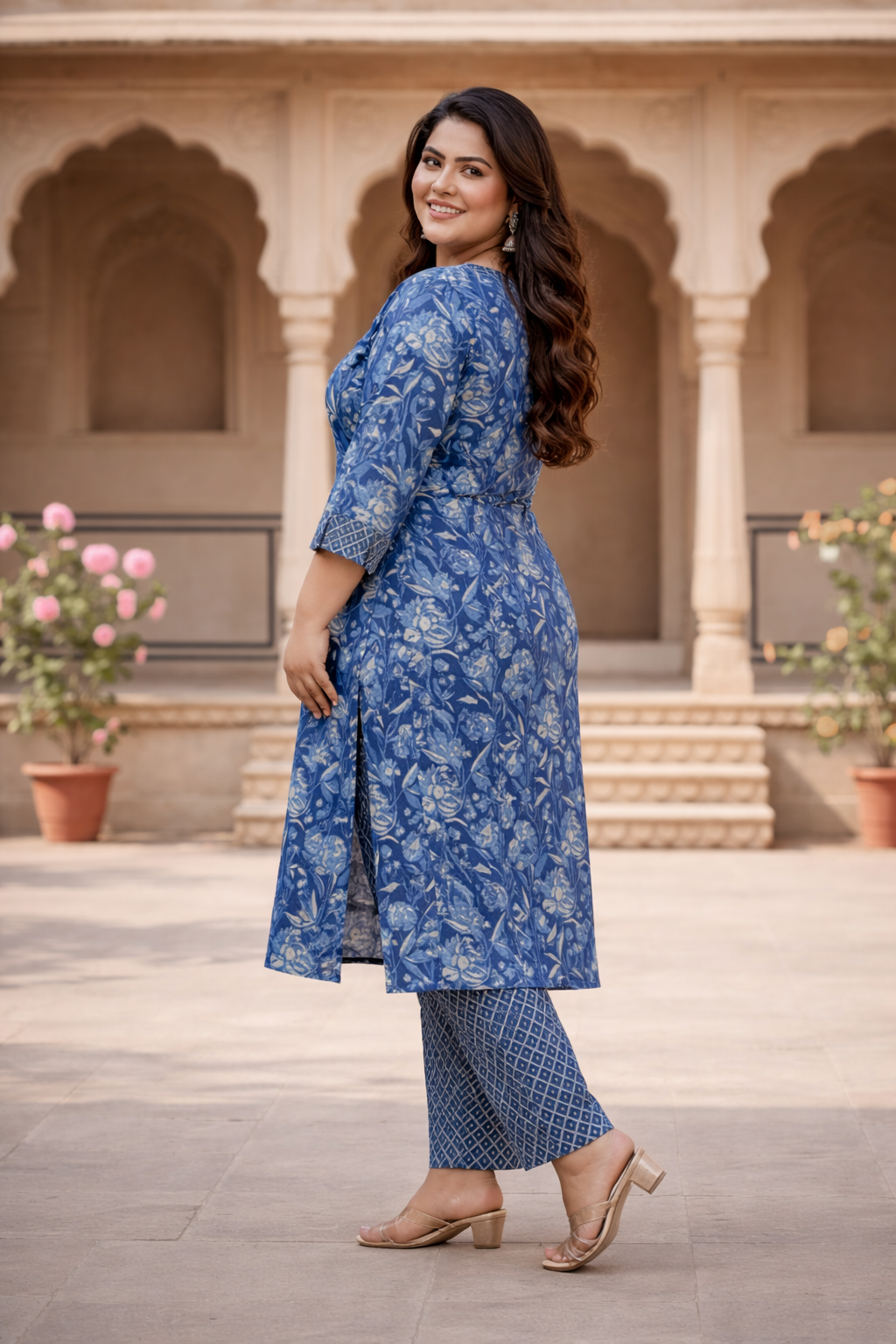 Blue Bagru Print Cotton Kurta Set(Set Of 2)