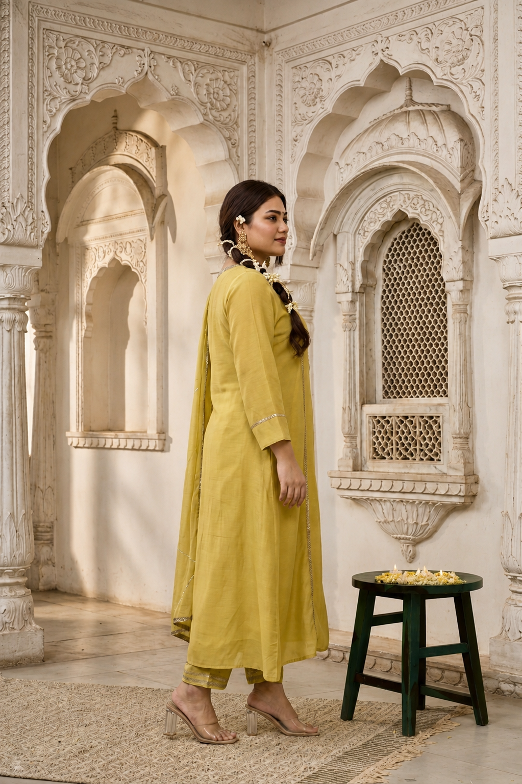 Mehendi Green Muslin 3 Kali Suit Set with Gota Details (Set of 3)